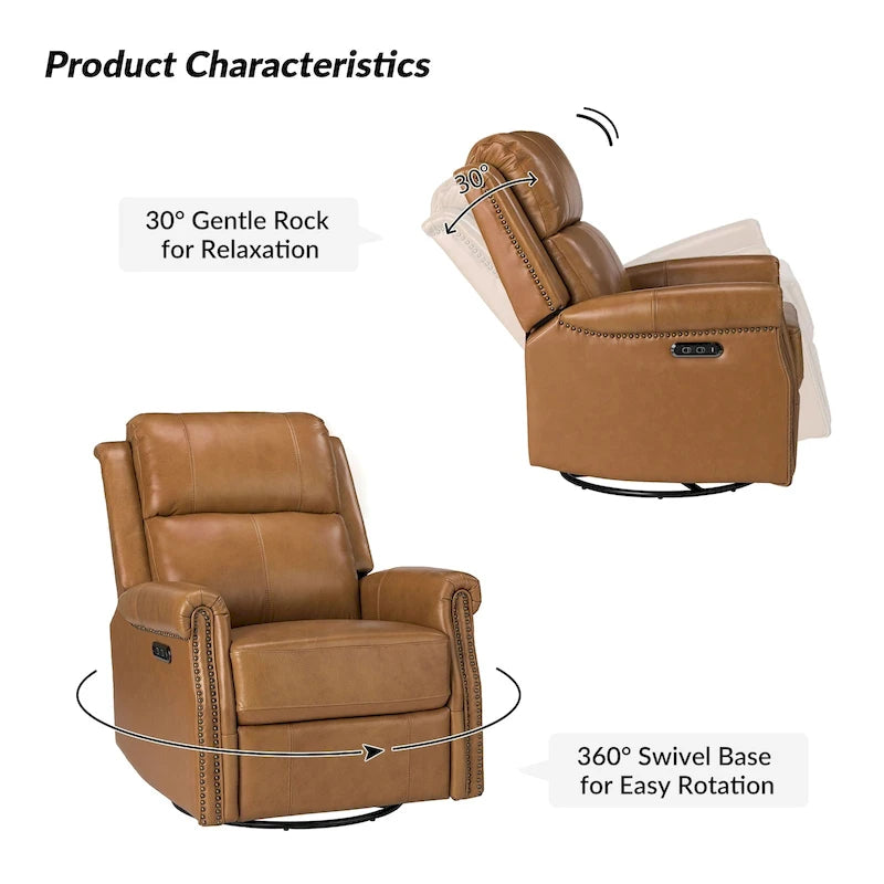 Ensemble de 2 fauteuils inclinables électriques pivotants Renato en cuir véritable traditionnel avec clous décoratifs et base en métal, par HULALA HOME