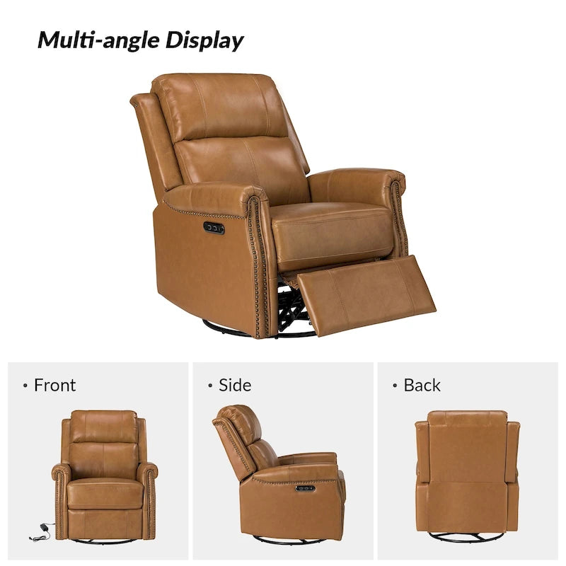 Ensemble de 2 fauteuils inclinables électriques pivotants Renato en cuir véritable traditionnel avec clous décoratifs et base en métal, par HULALA HOME