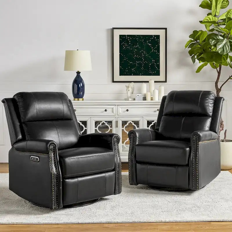 Ensemble de 2 fauteuils inclinables électriques pivotants Renato en cuir véritable traditionnel avec clous décoratifs et base en métal, par HULALA HOME