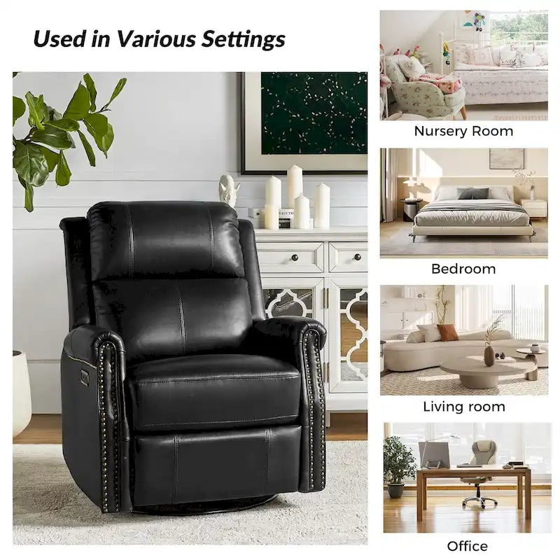 Ensemble de 2 fauteuils inclinables électriques pivotants Renato en cuir véritable traditionnel avec clous décoratifs et base en métal, par HULALA HOME