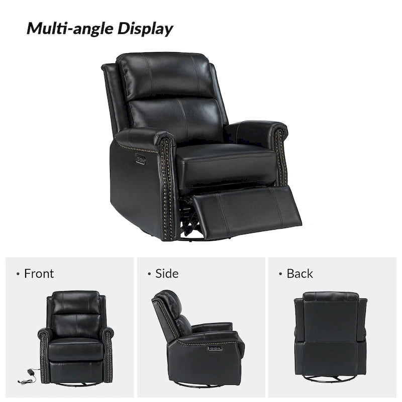 Ensemble de 2 fauteuils inclinables électriques pivotants Renato en cuir véritable traditionnel avec clous décoratifs et base en métal, par HULALA HOME