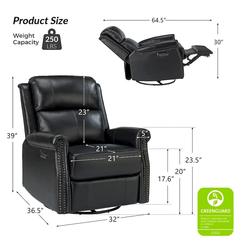 Ensemble de 2 fauteuils inclinables électriques pivotants Renato en cuir véritable traditionnel avec clous décoratifs et base en métal, par HULALA HOME