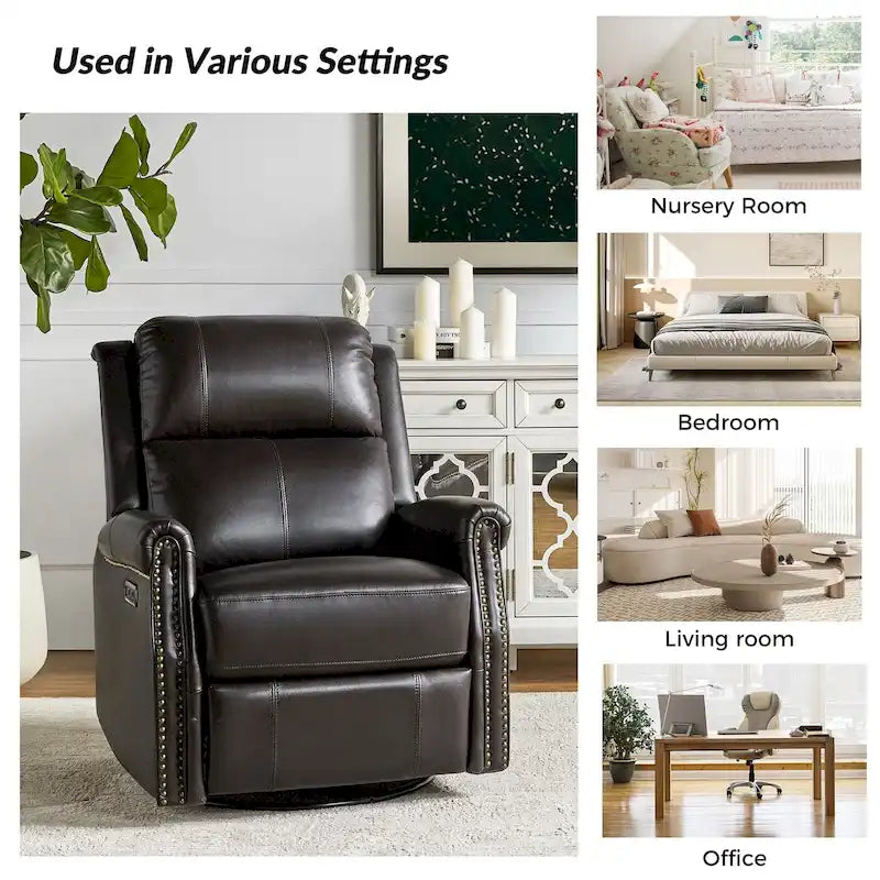 Ensemble de 2 fauteuils inclinables électriques pivotants Renato en cuir véritable traditionnel avec clous décoratifs et base en métal, par HULALA HOME