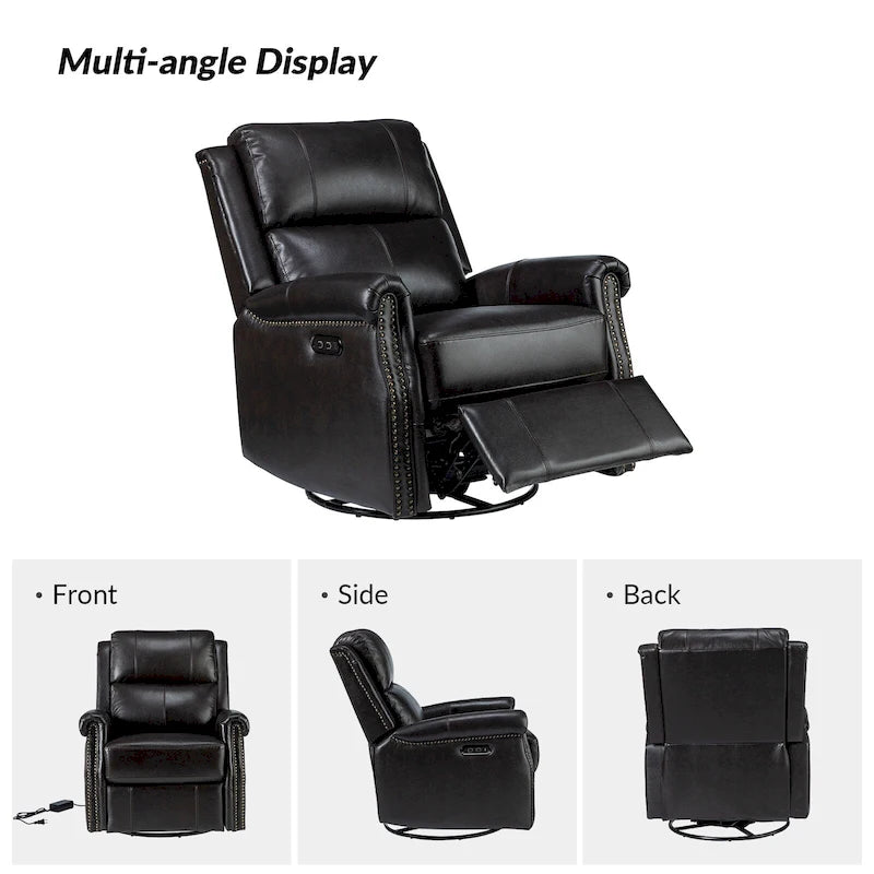Ensemble de 2 fauteuils inclinables électriques pivotants Renato en cuir véritable traditionnel avec clous décoratifs et base en métal, par HULALA HOME