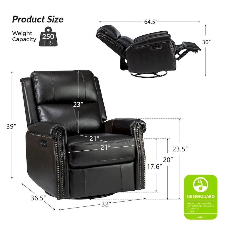 Ensemble de 2 fauteuils inclinables électriques pivotants Renato en cuir véritable traditionnel avec clous décoratifs et base en métal, par HULALA HOME