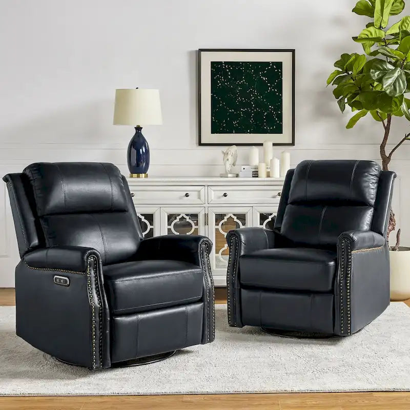 Ensemble de 2 fauteuils inclinables électriques pivotants Renato en cuir véritable traditionnel avec clous décoratifs et base en métal, par HULALA HOME