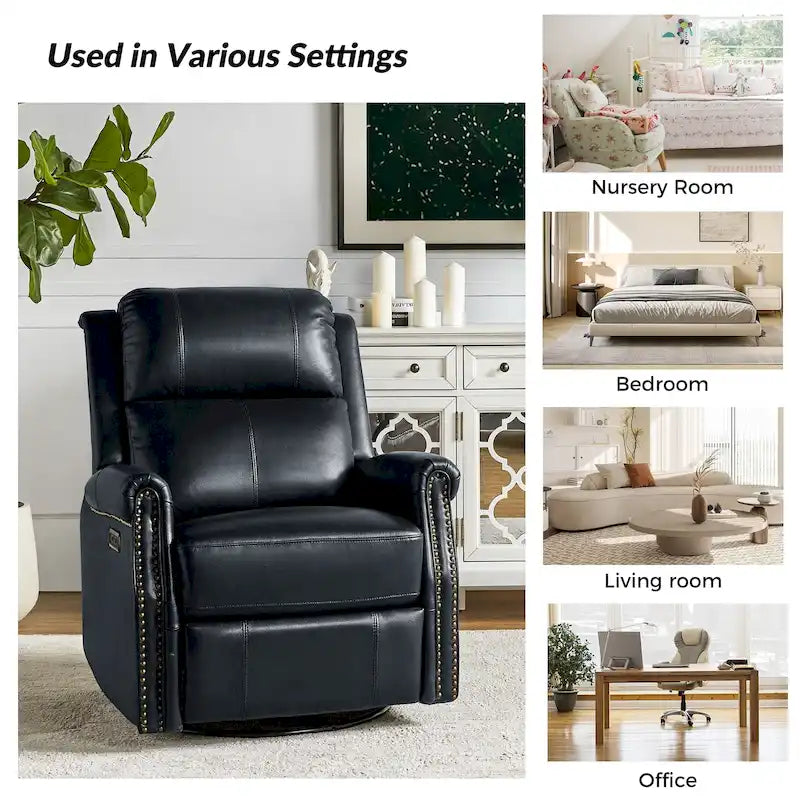 Ensemble de 2 fauteuils inclinables électriques pivotants Renato en cuir véritable traditionnel avec clous décoratifs et base en métal, par HULALA HOME