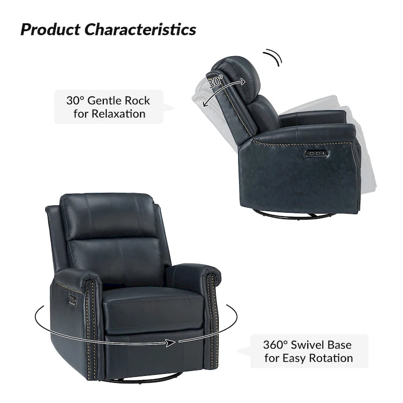 Ensemble de 2 fauteuils inclinables électriques pivotants Renato en cuir véritable traditionnel avec clous décoratifs et base en métal, par HULALA HOME