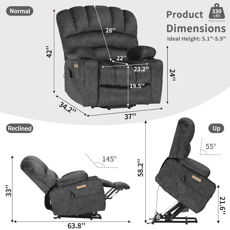 Fauteuil releveur électrique, fauteuil inclinable surdimensionné avec dossier coque, massage et chauffage pour personnes âgées
