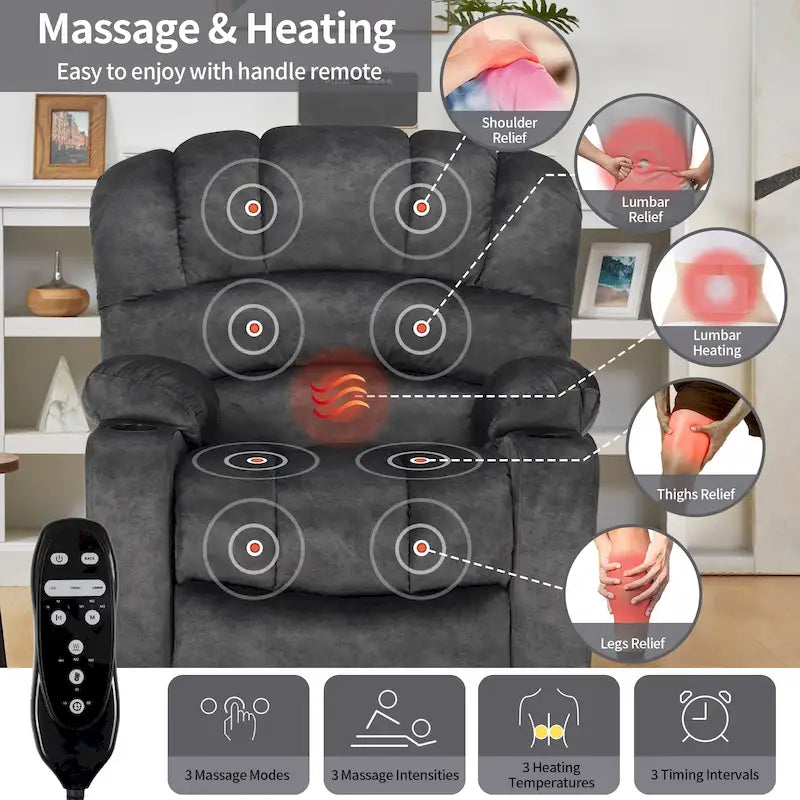 Fauteuil releveur électrique, fauteuil inclinable surdimensionné avec dossier coque, massage et chauffage pour personnes âgées