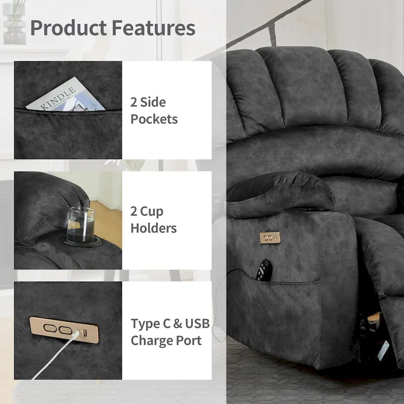 Fauteuil releveur électrique, fauteuil inclinable surdimensionné avec dossier coque, massage et chauffage pour personnes âgées