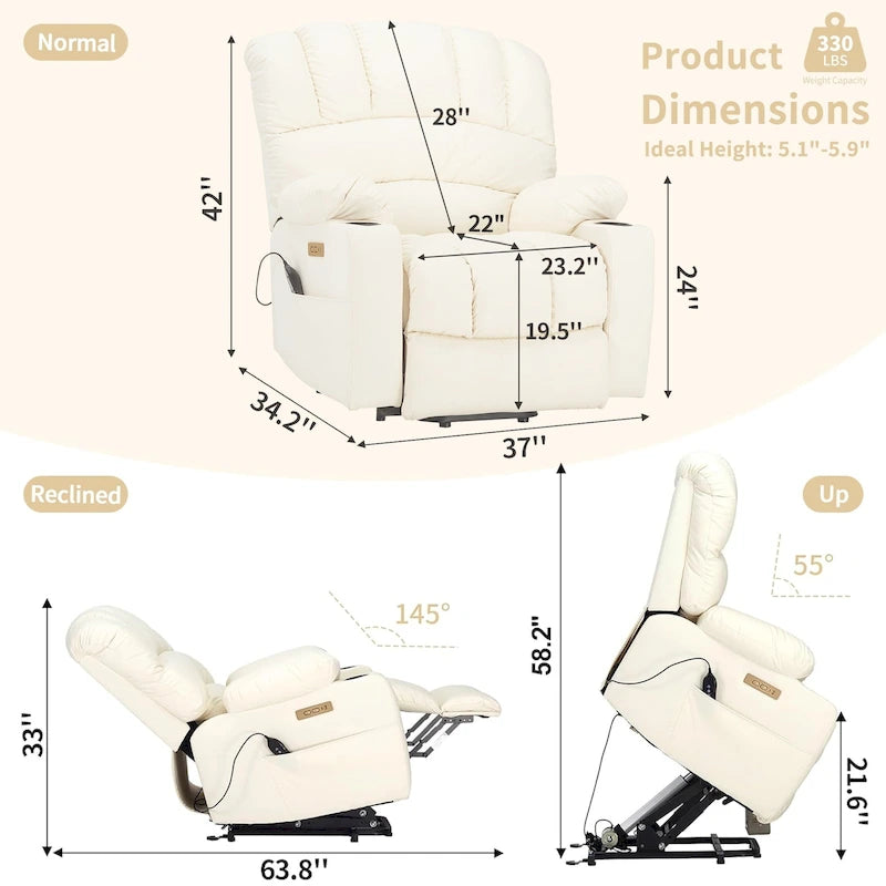 Fauteuil releveur électrique, fauteuil inclinable surdimensionné avec dossier coque, massage et chauffage pour personnes âgées