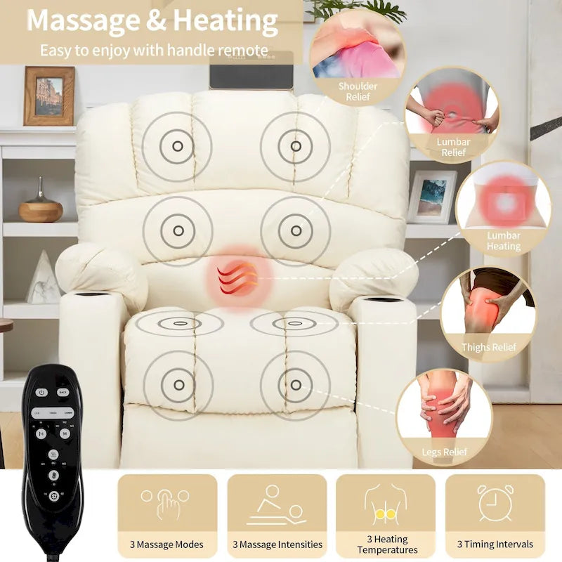 Fauteuil releveur électrique, fauteuil inclinable surdimensionné avec dossier coque, massage et chauffage pour personnes âgées