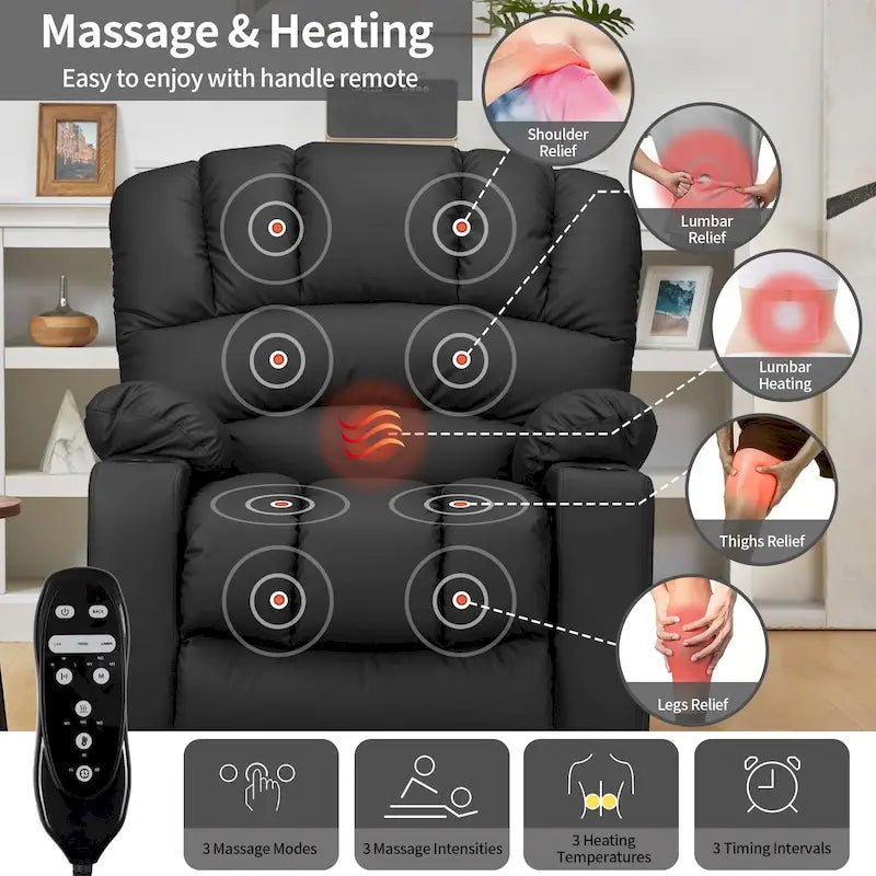 Fauteuil releveur électrique, fauteuil inclinable surdimensionné avec dossier coque, massage et chauffage pour personnes âgées