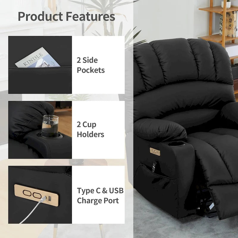 Fauteuil releveur électrique, fauteuil inclinable surdimensionné avec dossier coque, massage et chauffage pour personnes âgées