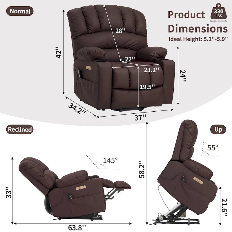 Fauteuil releveur électrique, fauteuil inclinable surdimensionné avec dossier coque, massage et chauffage pour personnes âgées