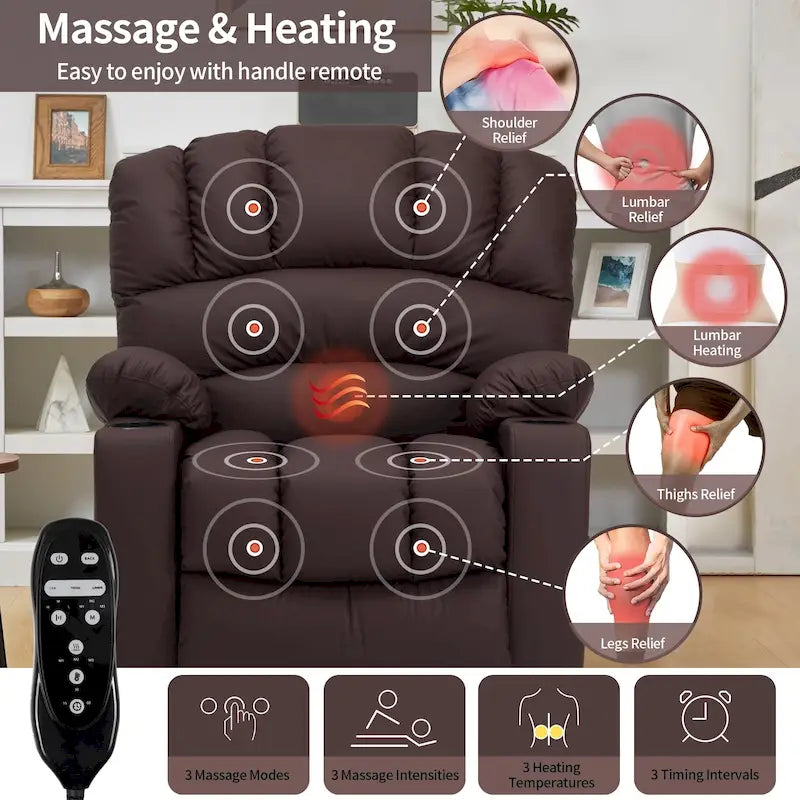 Fauteuil releveur électrique, fauteuil inclinable surdimensionné avec dossier coque, massage et chauffage pour personnes âgées