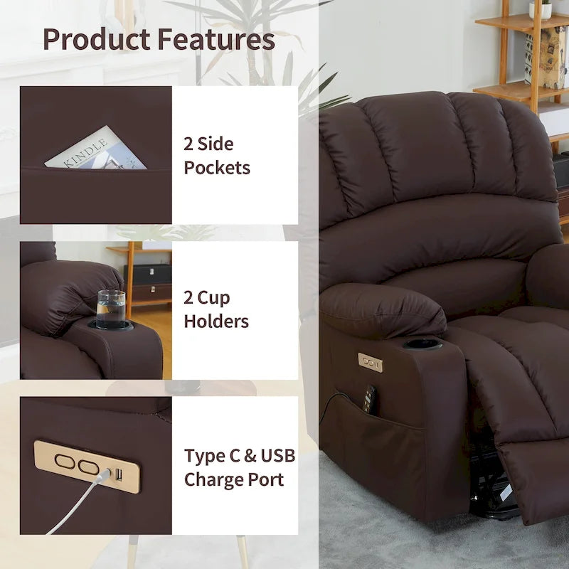 Fauteuil releveur électrique, fauteuil inclinable surdimensionné avec dossier coque, massage et chauffage pour personnes âgées