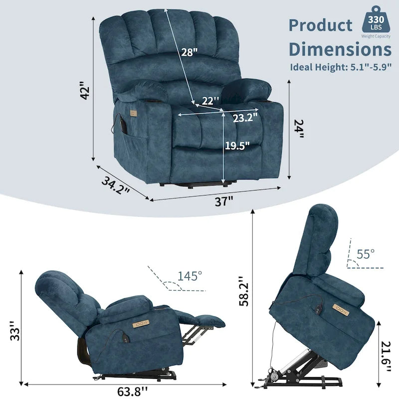 Fauteuil releveur électrique, fauteuil inclinable surdimensionné avec dossier coque, massage et chauffage pour personnes âgées