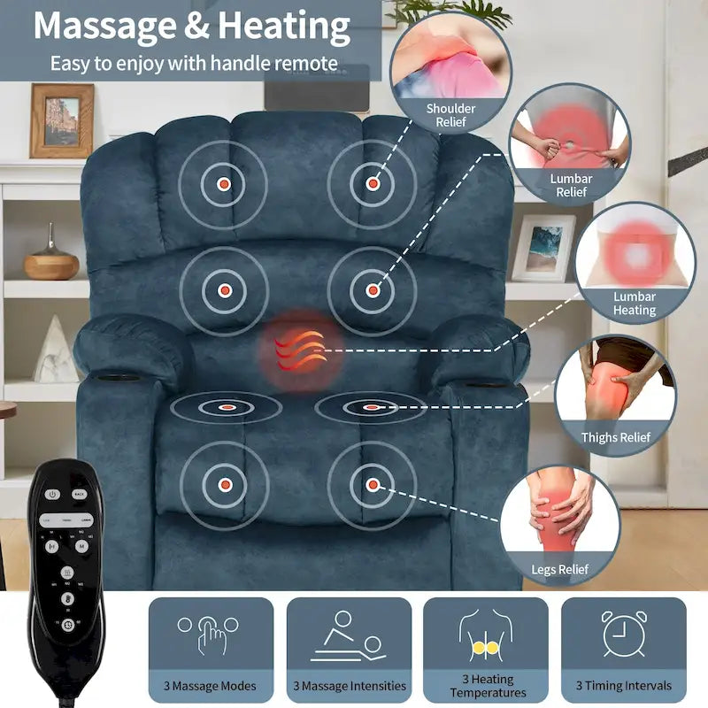 Fauteuil releveur électrique, fauteuil inclinable surdimensionné avec dossier coque, massage et chauffage pour personnes âgées