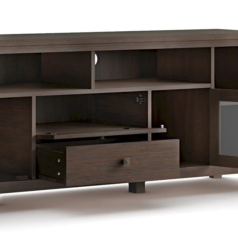 Meuble TV contemporain WYNDENHALL Essex en bois massif, 183 cm de large, pour téléviseurs jusqu'à 203 cm (80 pouces).