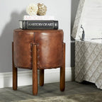 Tabouret en bois de teck marron, recouvert de cuir et fabriqué à la main, avec pieds en bois - Roche River Decor