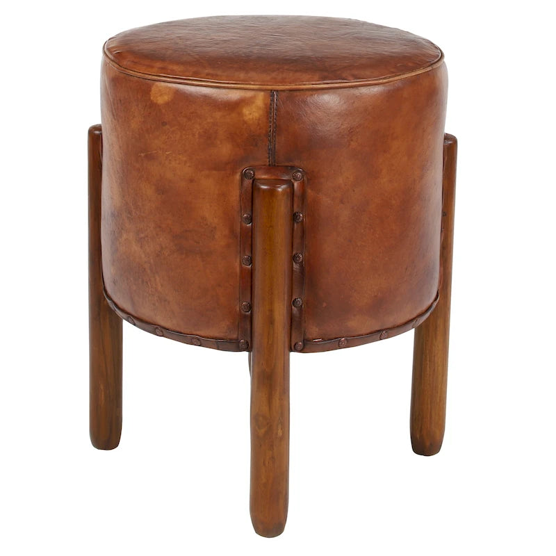 Tabouret en bois de teck marron, recouvert de cuir et fabriqué à la main, avec pieds en bois - Roche River Decor