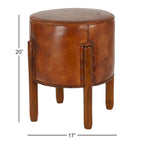 Tabouret en bois de teck marron, recouvert de cuir et fabriqué à la main, avec pieds en bois - Roche River Decor