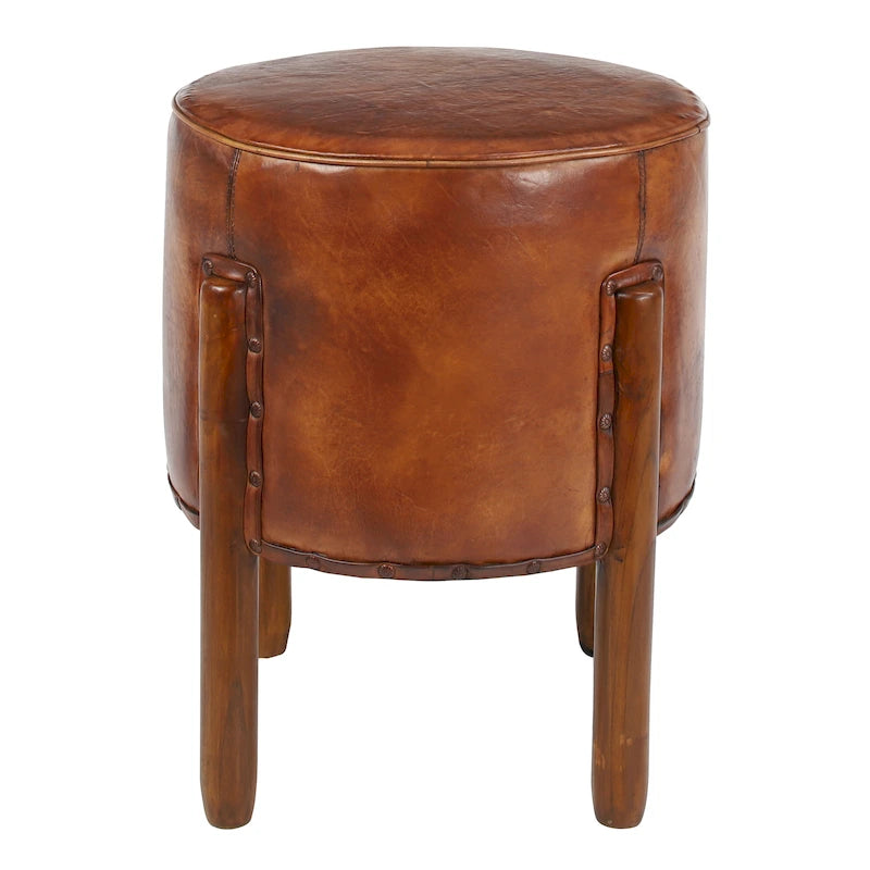 Tabouret en bois de teck marron, recouvert de cuir et fabriqué à la main, avec pieds en bois - Roche River Decor