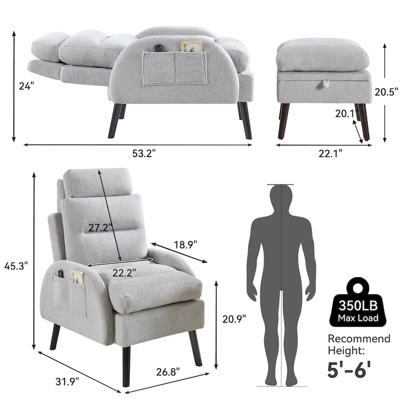 Fauteuil lounge HOMYKA avec dossier réglable et pouf de rangement