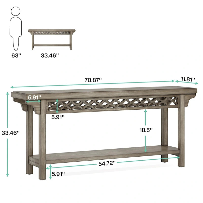 Console longue de style campagnard en bois massif de 70,8 pouces, table basse