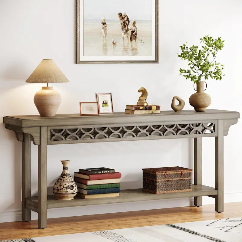 Console longue de style campagnard en bois massif de 70,8 pouces, table basse