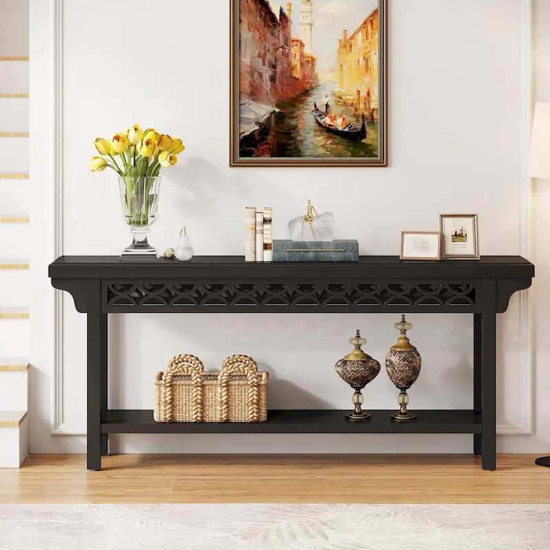 Console longue de style campagnard en bois massif de 70,8 pouces, table basse