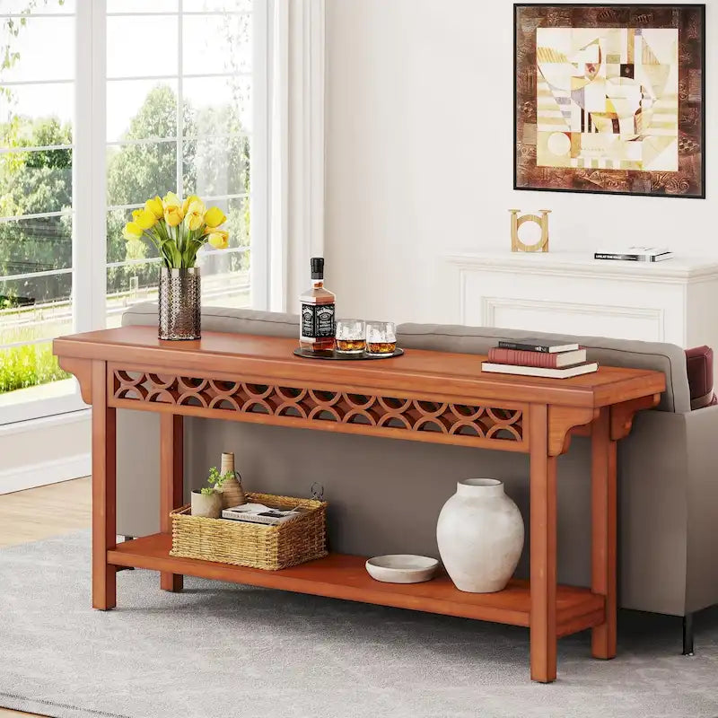 Console longue de style campagnard en bois massif de 70,8 pouces, table basse