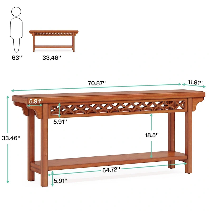 Console longue de style campagnard en bois massif de 70,8 pouces, table basse