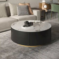 Table basse ronde moderne avec plateau en marbre, piètement en métal et 2 tiroirs