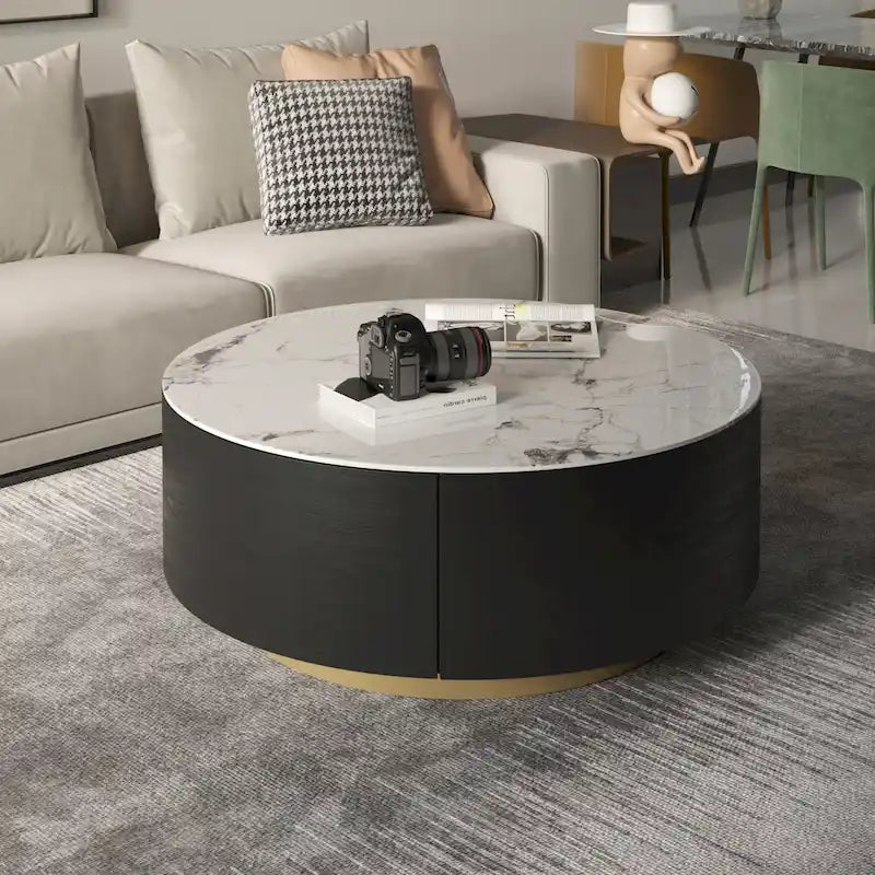 Table basse ronde moderne avec plateau en marbre, piètement en métal et 2 tiroirs