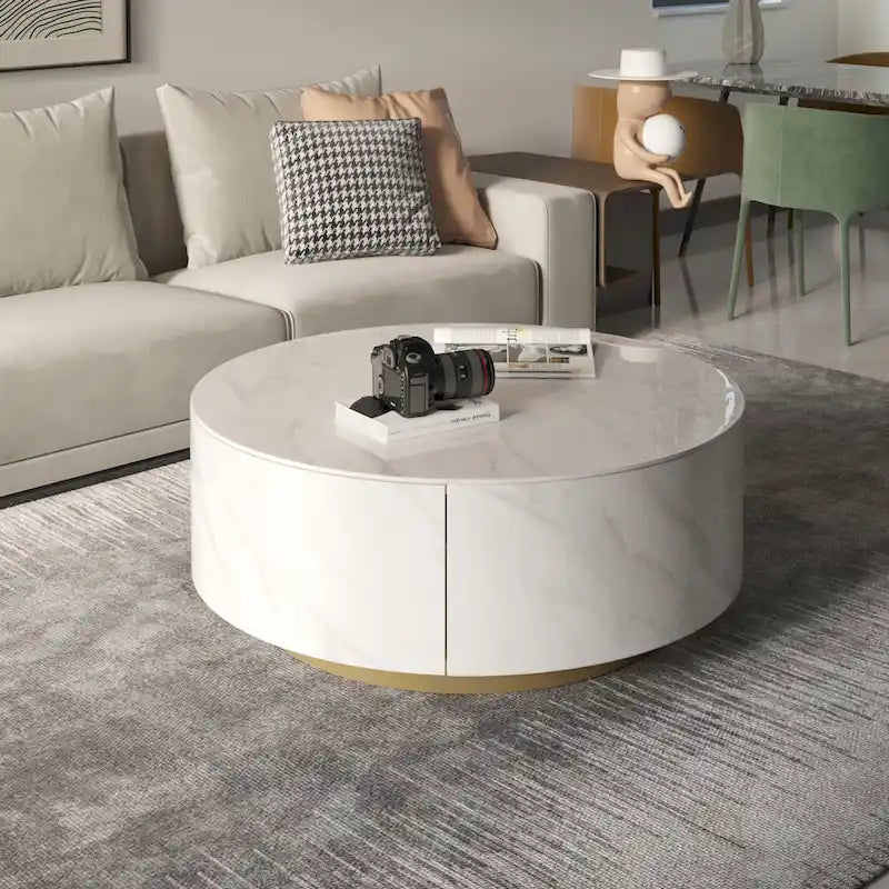 Table basse ronde moderne avec plateau en marbre, piètement en métal et 2 tiroirs
