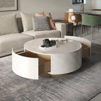Table basse ronde moderne avec plateau en marbre, piètement en métal et 2 tiroirs