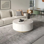 Table basse ronde moderne avec plateau en marbre, piètement en métal et 2 tiroirs