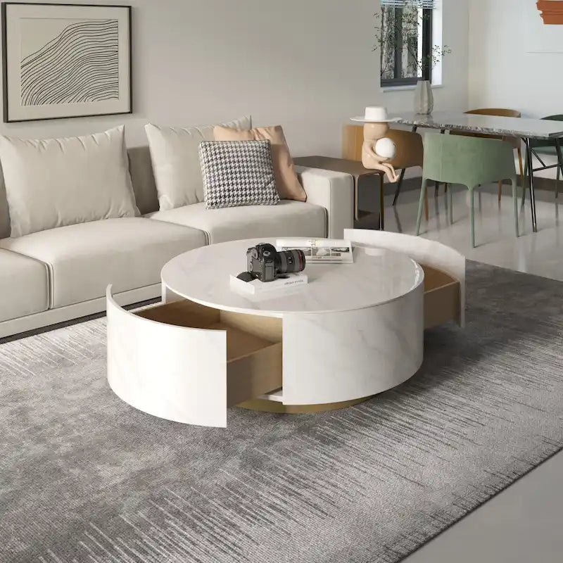 Table basse ronde moderne avec plateau en marbre, piètement en métal et 2 tiroirs