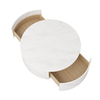 Table basse ronde moderne avec plateau en marbre, piètement en métal et 2 tiroirs