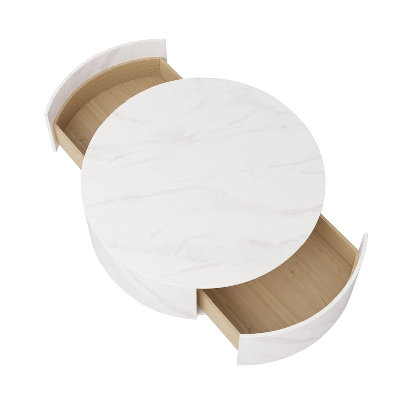 Table basse ronde moderne avec plateau en marbre, piètement en métal et 2 tiroirs