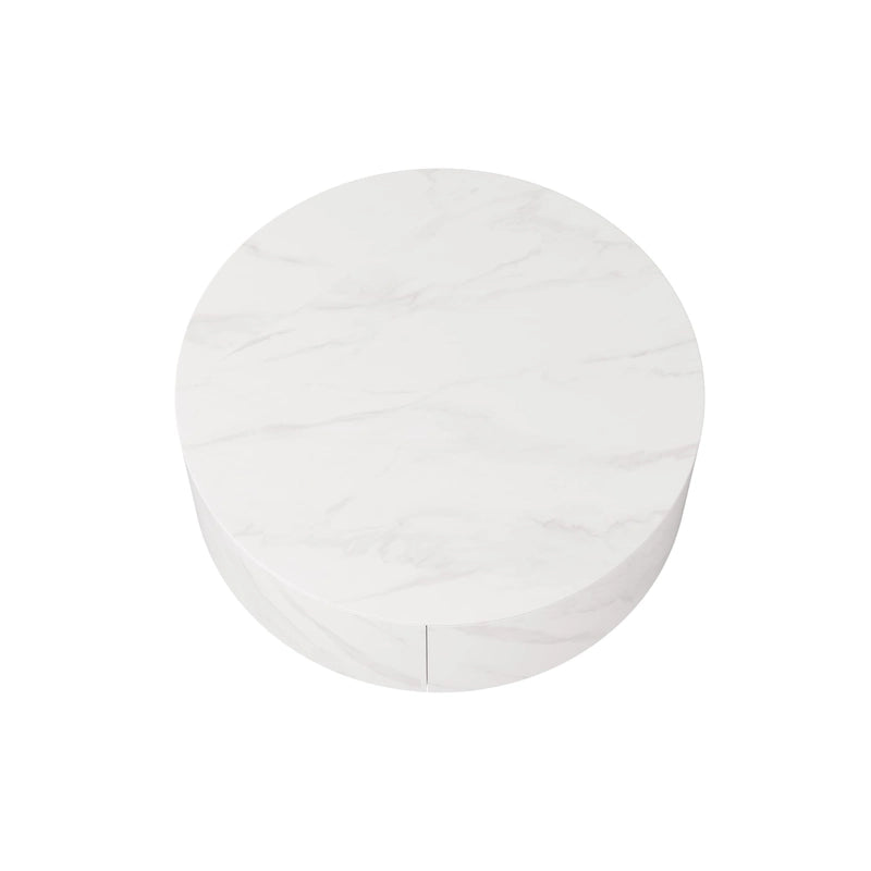 Table basse ronde moderne avec plateau en marbre, piètement en métal et 2 tiroirs