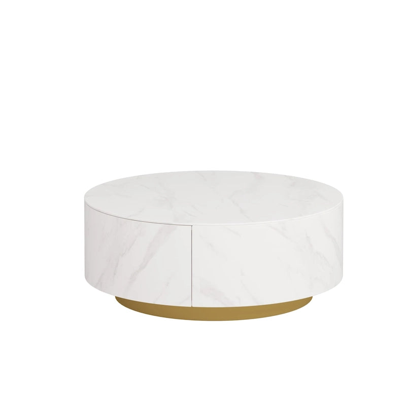 Table basse ronde moderne avec plateau en marbre, piètement en métal et 2 tiroirs