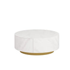Table basse ronde moderne avec plateau en marbre, piètement en métal et 2 tiroirs