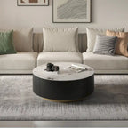 Table basse ronde moderne avec plateau en marbre, piètement en métal et 2 tiroirs
