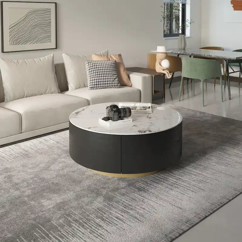 Table basse ronde moderne avec plateau en marbre, piètement en métal et 2 tiroirs