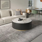 Table basse ronde moderne avec plateau en marbre, piètement en métal et 2 tiroirs