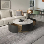 Table basse ronde moderne avec plateau en marbre, piètement en métal et 2 tiroirs